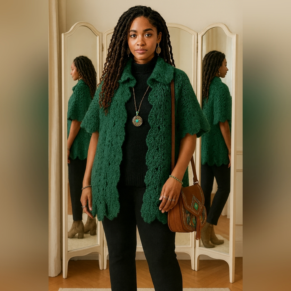 Vintage Boho Artisy Handmade Crochet Emerald Lagenlook Cottagecore Cardigan